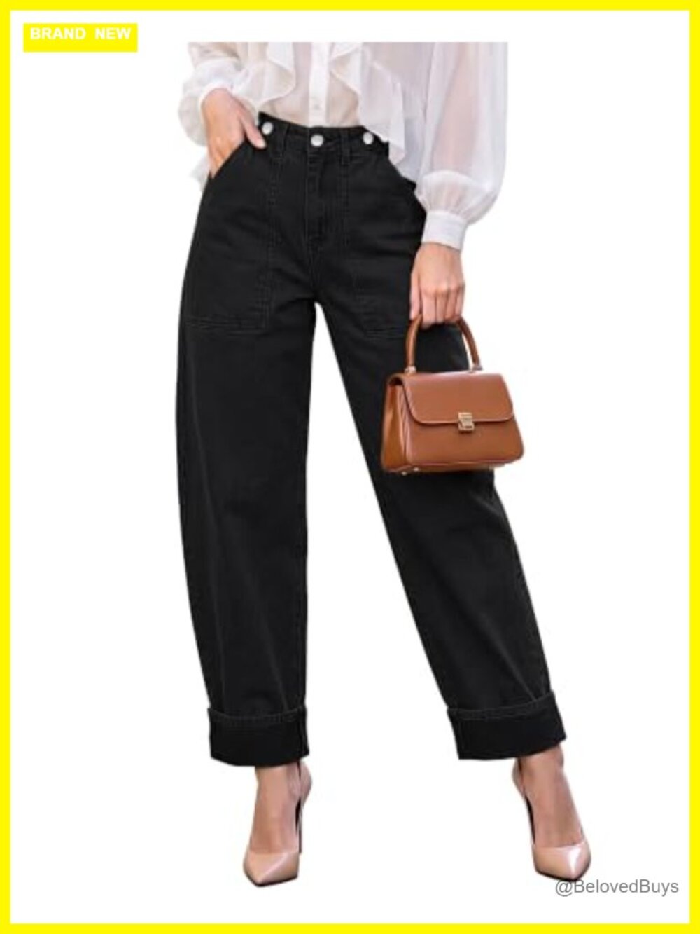 Barrel Jeans High Waisted Cinched Cuffed Stretchy Denim Pants